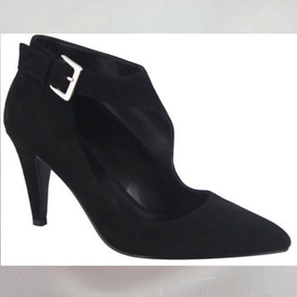 Nine West Peppy Asymmetrical Mid Heel Buckle Ankle Closure Black Suede Booties - Picture 1 of 13